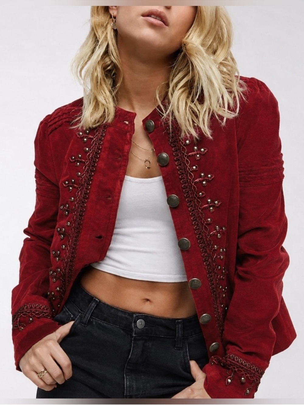 🆕 Free People Maven Pintuck Military Jacket in Red Velvet Embroidered Retro Lux